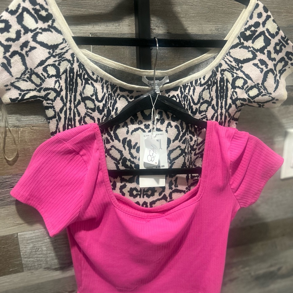 2 Crop Tops - Pink Ribbed & Blk/Cream Women's Top (S)